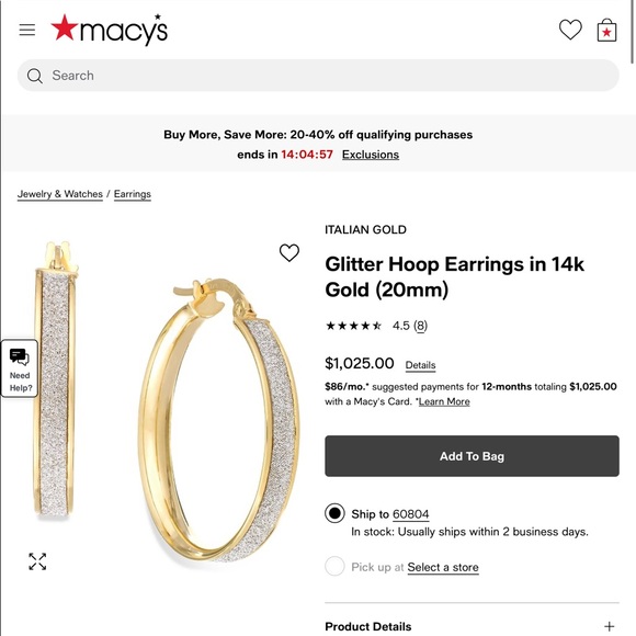 Macy’s Italian Gold Glitter Hoop Earrings in 14K Gold (20mm) - Picture 1 of 4